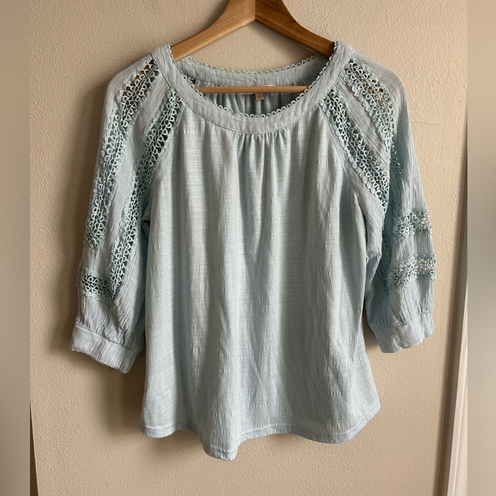 Skies Are Blue Crochet Trim Knit Top Baby Blue Size S Small - Picture 5 of 9